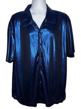 Vintage 90s Nine Deep Liquid Satin Shirt Size 2X Electric Blue Metallic Disco